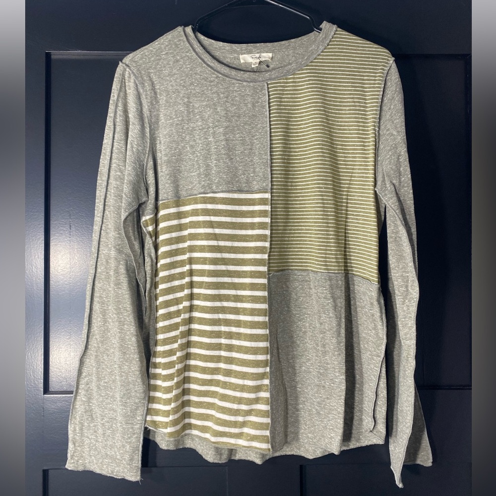Patchwork Striped Long-Sleeve Top in Olive and Gray